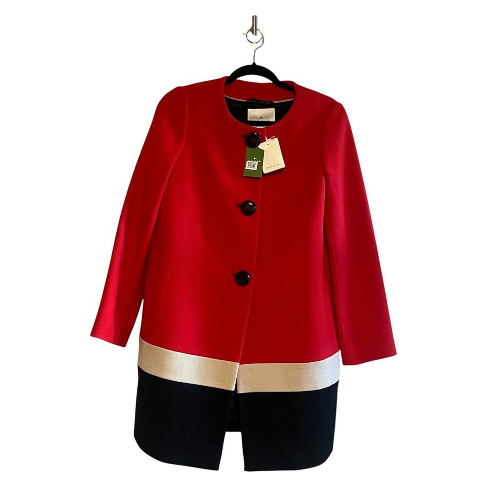 Kate Spade Garby 100% Wool Coat Red Black Ivory Size 4 NWT - Picture 2 of 6